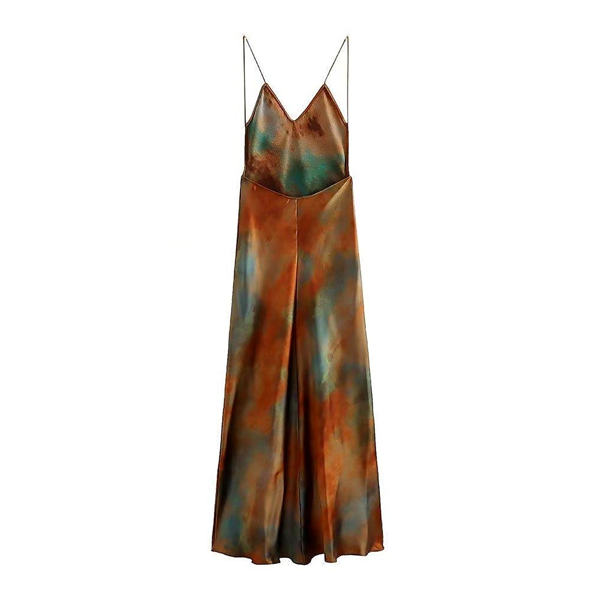 Robe longue satinée cuivre et vert, dos à lanières croisées, présentée à plat